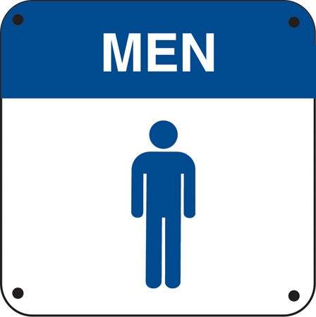 Blue on white Men's bathroom sign with "Man" icon.